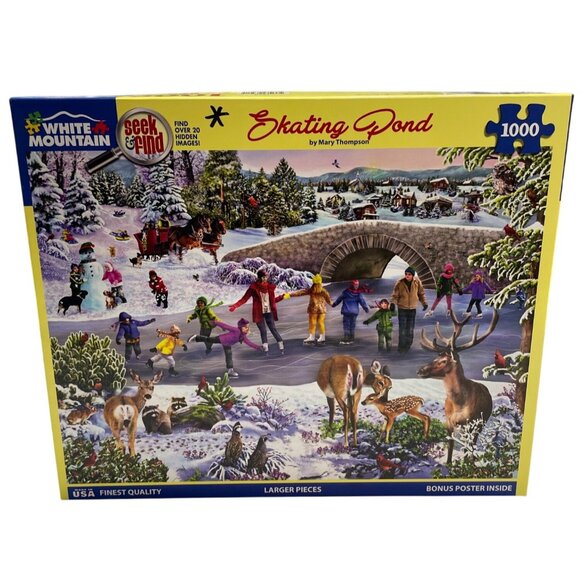 White Mountain Skating Pond Seek & Find Puzzle 1000 Pieces by Mary Thompson - Picture 1 of 3